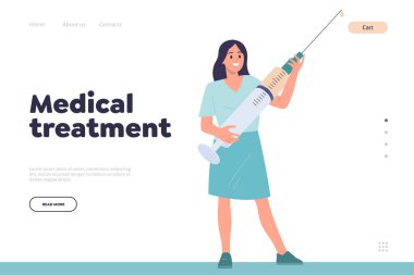Tıbbi tedavi internet servis iniş sayfası tasarımı profesyonel insanlara sağlık hizmeti sağlıyor. Reklam panosu web sitesi vektör illüstrasyonunda elinde şırınga dolu aşı tutan doktor hemşire