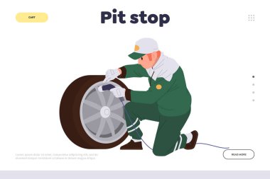 Pit stop page şablonu profesyonel mekanik işçi karikatür karakteri değişen tekerlekler sayesinde teknik lastik değiştirme vektör illüstrasyon tasarımı sağlıyor. Yarış sırasında otomobil tamiri
