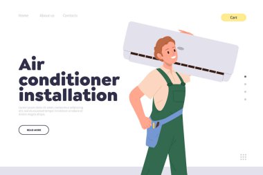 Ev aletleri tasarımı taşıyan bir teknisyenle birlikte havalandırma montajı iniş sayfası. Klima sisteminin tamir ve onarımını sağlayan çevrimiçi şirket için web sitesi vektör çizimi