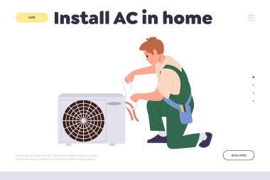 Ev iniş sayfası tasarım şablonuna en iyi iklim kontrolü, rahat yaşam için hava soğutma ekipmanları sağlayan bir klima yerleştirin. Elektrikçiyle birlikte web sitesi vektör illüstrasyonu