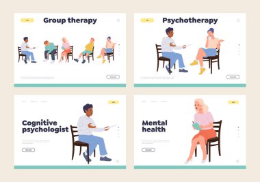 Grup terapisi, psikoterapi, bilişsel psikolog, zihinsel sağlık iniş sayfası tasarımı izole edilmiş şablon seti. Çevrimiçi hizmet için web sitesi çizimi insanlara destek ve yardım sağlıyor