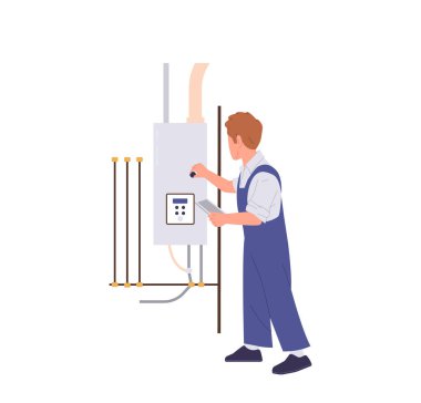 Üniformalı boru işçisi çizgi film karakteri bozuk su ısıtıcısını aletlerle tamir ediyor, tesisat sorunlarını tamir ediyor, beyaz arka planda izole edilmiş iş göstergesi çizelgesini kontrol ediyor.