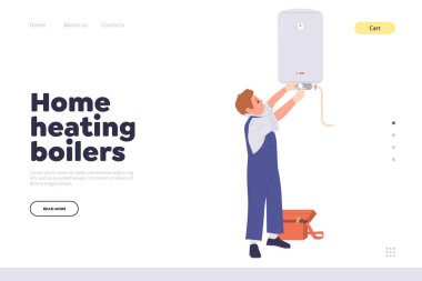 Ev ısıtma kazanı onarımı ve kurulum çevrimiçi iniş sayfası tasarımı web sitesi şablonu. Profesyonel teknisyen karakteri bakım vektörü çizimi sağlayan bozuk teknikleri düzeltiyor