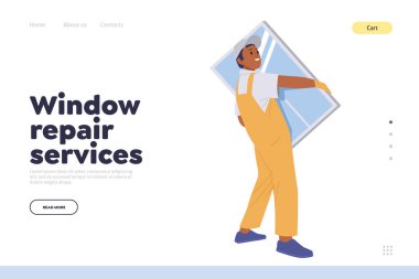 Pencere onarımı siparişi yerine plastik çerçeve taşıyan profesyonel usta çizgi film karakteriyle çevrimiçi iniş sayfası şablonu. Ev yenileme ve yenileme web sitesi vektör çizimi