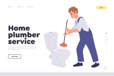 Ev tesisatçısı reklamı ve tanıtım sayfası tasarım şablonu. Profesyonel tesisatçı tuvalet tıkanıklığı vektör illüstrasyonunu onarıyor ve temizliyor. Tamirci web sitesi düzeni