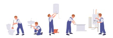 Profesyonel tesisatçı ev yapımı karikatür ustası, beyaz karikatür seti. Tesisatçı, teknisyen ev aletlerini tamir ediyor, sızıntıyı tamir ediyor ve tuvalet blokajı vektör illüstrasyonunu düzeltiyor.