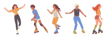 Farklı genç, aktif, sıradan kadın çizgi film karakterleri beyaz arka planda izole paten kayıyor. Genç bayan şehir kıyafetleri giyiyor, paten kayıyor ve eğlenceli vektör çizimleri yapıyor.