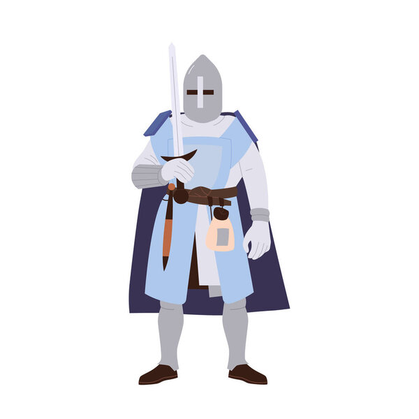 Armored knight warrior cartoon character wearing harness and helmet holding sword isolated on white background. Medieval historical legendary guard man vector illustration. Middle ages people