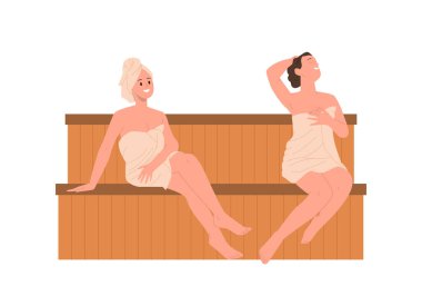 Genç bayan arkadaş, ahşap bank vektör çiziminde otururken havlulara sarılı, saunada ya da umumi hamamda buğulanmış bir karikatür karakteri. Rahatlamış bir kadın sağlık için spa ameliyatı oluyor.