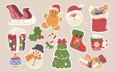 Noel Baba, Kardan Adam karakterleri, sihirli kızak, süslemeli xmas ağacı, hediye çantası, hediye kutusu, kutsal ökse otu süslemeleri, zencefilli tatlı vektör çizimi