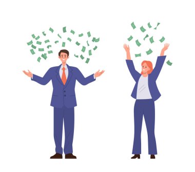 Mutlu zengin iş adamı ve kadın çizgi film karakterleri. Ellerini kaldırmış, parayı havadan izole edilmiş beyazlara atıyor. Finansal başarı, yatırım geliri, karlı proje vektör illüstrasyonu
