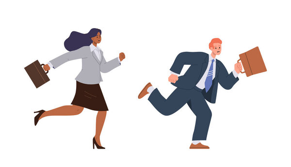Busy businessman and businesswoman cartoon characters in formal wear with briefcase running fast rushing to work vector illustration. Overwork stressed male and female managers hurrying being late