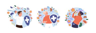 Güçlü ve zayıf bağışıklığı olan insanların grip, viral ve bakteriyel hastalık taşıyıcı illüstrasyonuna karşı savaştığı izole yuvarlak bir kompozisyon. Koruyucu bağışıklık ve sağlık artırımı