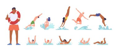 Teçhizatlı bir muhafız ve atlayan, yüzen, suda boğulan insanlar beyazlar içinde izole edilmiş. Plaj beldesinde güvenlik, batan erkek ve kadın karakterler için ilk yardım illüstrasyonu