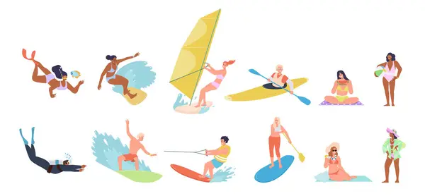 People cartoon characters engaged in beach recreation and water sport activities isolated set. Man and woman sunbathing, eating sweets, sailing, riding sup board, kayaking, surfing, diving, snorkeling