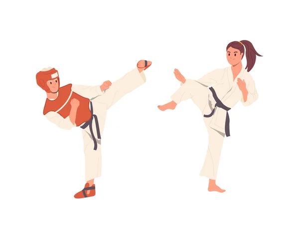 Teenage boy and girl cartoon characters wearing kimono and helmet doing karate, combating enjoying defense sport activity vector illustration. Martial arts class for children education and development