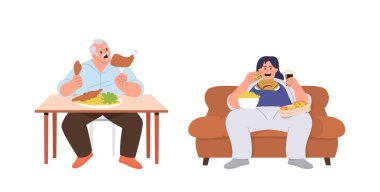 Aşırı kilolu insanlar yeme bozuklukları, oburluk ve yemek bağımlılığından muzdaripler. Erkek ve kadın çizgi film karakterleri evde oturup sağlıksız fast food vektör çizimlerinin tadını çıkarıyorlar.