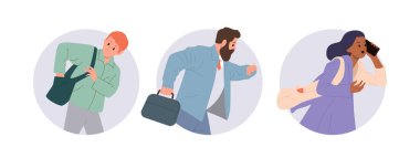 Yoğun, yoğun, duygusal, ofis personeli çizgi film karakterlerinin izole edilmiş yuvarlak kompozisyonu son teslim tarihi başarısız vektör illüstrasyonuna geç kalıyorlar. Zaman yönetimi, sıkı program ve acele kavramı