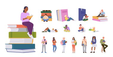 Genç insanlar çizgi film karakterleri kitap okuyor, okuyor, eğitim sınavlarına hazırlanıyor. Erkek ve kadın edebiyat hayranları ve aşıklar hobi, bilgi emilimi vektör illüstrasyonunun keyfini çıkarıyorlar