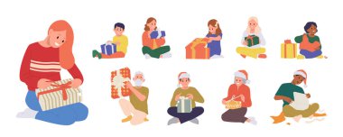 İnsanlar farklı yaşlardaki karakterleri çizer hediyeler açar beyaz arka planda izole edilmiş kutular sunarlar. Genç, yetişkin, kutuları açan küçük insan Noel, doğum günü, yıldönümü, düğün sürpriz paketi