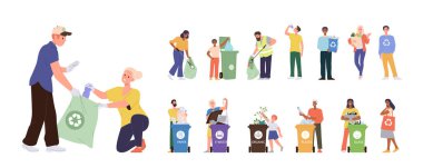 Erkek ve kadın çizgi film karakterleri toplanıyor, çöpleri geri dönüşüm için ayırıyor atıkları çöp kutularına koyuyor, plastik paket izole edilmiş vektör çizimleri yapıyor. Ekoloji ve çevre kavramı