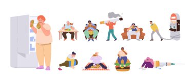 Farklı tipte bağımlılık ve bozukluklardan muzdarip çeşitli çizgi film karakterleri izole edilmiş. Kilolu erkek ve kadın, kumar, alkol, nikotin, uyuşturucu bağımlısı.