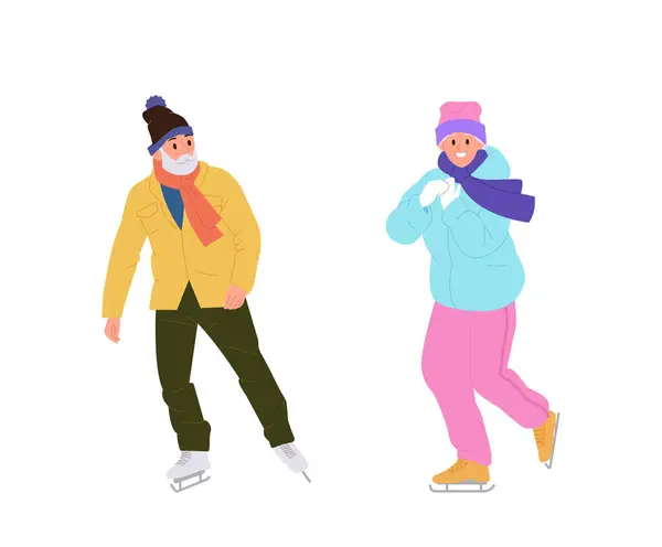 Active Elderly People Cartoon Characters Skating Outdoor Ice Rink Enjoying — Stock Vector