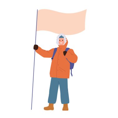Genç kutup kaşifi arktik öncü çizgi film karakteri sıcak koruyucu giysiler giyip hedef vektör illüstrasyonunun en üst noktasında beyaz üzerine bayrak asıyor. Kutup keşfi konsepti