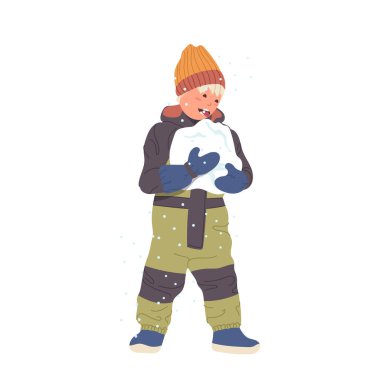 Küçük sevimli çocuk, kardan yapılmış koca bir topu yalıyor. Tatil vektör çiziminde kar yağışı ve kış aktivitelerini kutluyor. Noel zamanı eğlence ve doğa üzerine eğlence.