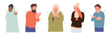 Karikatür karakterlerini dondurmak, vücut sallamak, sıcak kahve ya da çay içmek, titremek, elbiselere veya battaniyeye sarılmak, soğuk vektör ilüstrasyonundan muzdarip olmak, beyaz arka planda izole edilmiş.