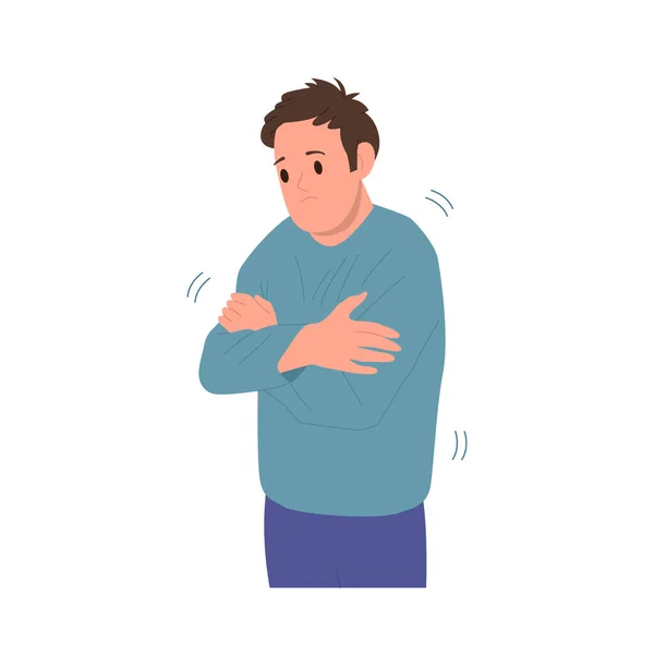 Sad Upset Man Cartoon Character Trembling Shivering Body Rubbing Shoulders — Stock Vector