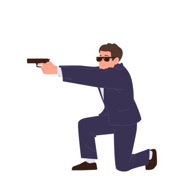 Erkek gizli ajan, güvenlik görevlisi ya da resmi kıyafet giymiş süper kahraman çizgi film karakteri ve güneş gözlüğü, beyaz arka planda tek dizli vektör çizimi üzerinde duran şüpheliyi hedef alıyor.