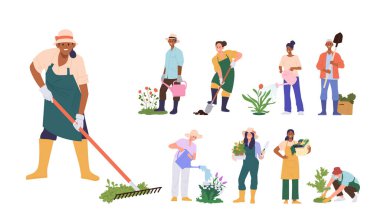 İnsanlar çizgi film karakterleri bahçe işlerinden ve tarım işlerinden zevk alıyorlar. Erkek ve kadın bahçıvan, çiftçiler ekim, hasat, toprak kazma, çiçek sulama, çim vektör çizimi