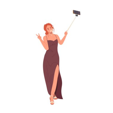 Modayı takip eden bir gece elbisesi içinde genç ve güzel bir kadın çizgi film karakteri. Sosyal medyada cep telefonuyla parti olaylarından selfie ya da canlı yayın videosu yapıyor.