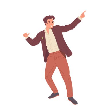 Genç adam çizgi film karakteri gündelik moda kıyafetleri giyiyor dans festivalinden ya da düğün dansından keyif alıyor olumlu duygular hissediyor. Eğlence ve mutluluk izole edilmiş vektör çizimi