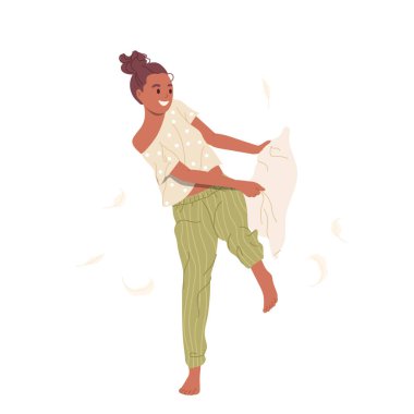 Hoş, genç bir kadın çizgi film karakteri, rahat, yumuşak yastıkla beyaz arka planda soyutlanmış bir şekilde evde oynaşıyor. Sabah yemeği, hafta sonları arkadaşlarla mutlu zaman geçirmek, bekarlığa veda partisi pijaması.