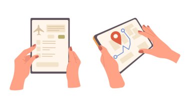 Dijital şehir haritasında rota ve rotayı aramak için internet üzerinden uçuş bileti rezervasyonu ve yön bulma uygulaması kullanarak dijital tableti tutan insan elleri, vektör ilüstrasyonunu beyaz üzerine izole etti