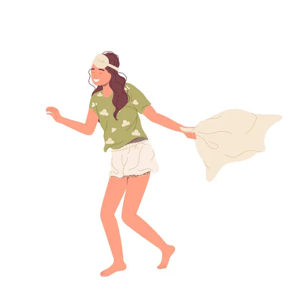 Pretty young woman cartoon character running with pillow ready to fight and play with friends isolated vector illustration. Happy recreation time at home, friendship building, pajama party concept