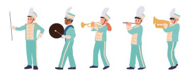 Yürüyüş yapan tatlı kızlar ve oğlanların geçit töreni müzik grubu karakterleri farklı müzik enstrümanları çalıyorlar sıra sıra yürüyorlar, vektör çizimleri beyaz arka planda izole edilmiş.