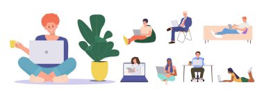 Mutlu insanlar dizüstü bilgisayarlı kablosuz internet bağlantısı kullanan çizgi film karakterleri ev ofisinden izole edilmiş sette çalışıyor. Genç adam ve kadın serbest çalışan, uzaktan çalışan vektör çizimi.