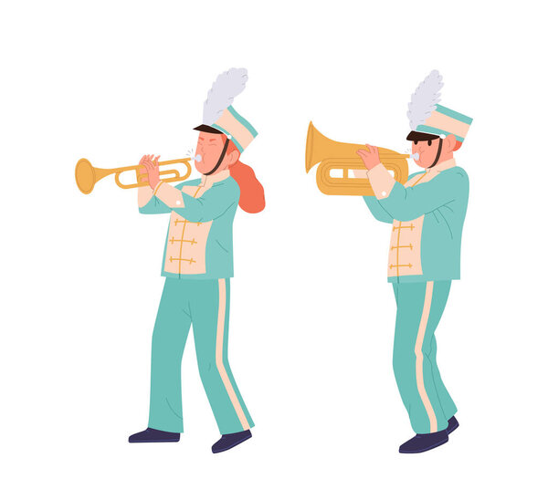 Talented children trumpeters cartoon characters artist of military music orchestra marching isolated on white background. Parade of classical musical festival, victory celebration vector illustration