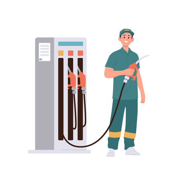 Man refueler isolated cartoon character in uniform assisting car drivers in refilling petrol pump at gas station. Automotive petroleum workshop specialist vector illustration on white background