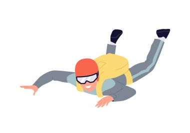 Paraşütçü çizgi film karakteri kapalı paraşütle havada süzülürken beyaz arka planda serbest stilin keyfini çıkarıyor. Adrenalin aksiyon hobisi, aşırı riskli spor aktivitesi vektör çizimi