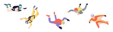 Korkusuz skydivers çizgi film karakterleri serbest düşüş ekstrem spor aktivite vektörü çizimi beyaz arka planda izole edildi. Çeşitli insanlar yamaç paraşütünden zevk alıyor, sıfır yerçekimi alanında askıya alınıyor.