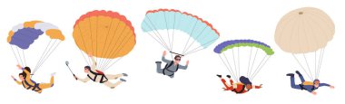 Gökyüzünde paraşütle atlayan ve düşen erkek ve kadın hava dalışı karakterleri beyaz arka planda izole bir şekilde çeşitli pozlarda. Ekstrem spor ve eğlence amaçlı vektör çizimi
