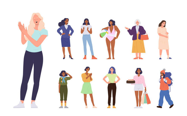 Attractive woman cartoon characters of different age, hobby recreation, social and job occupation big set. Young, old, pregnant, business female, shopper, traveler, girl scout vector illustration