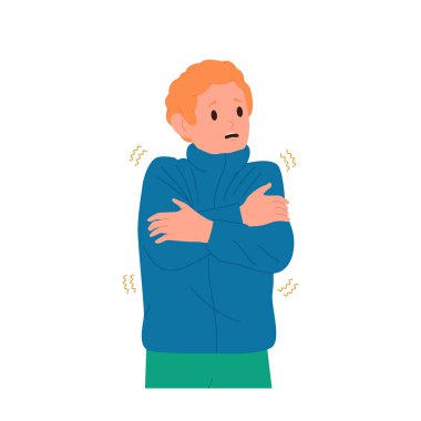 Hasta çocuk çizgi film karakteri kalın örgü süveter giyiyor titreyerek titriyor, titreyerek kendini kucaklıyor ve beyazın üzerinde tek başına duruyor. Erkek çocuk kendini soğuk ve kötü hissediyor.