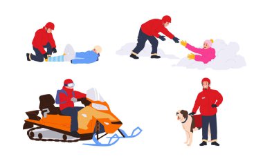 Kış kurtarma ekibi köpek ve çeşitli ekipmanlarla dağlarda izole edilmiş bir tatil köyünde insanların hayatını kurtarmak için. Kar motosikletiyle taşınan ve köpek yavrusu arayan adama ilk yardım sağlayan adam.