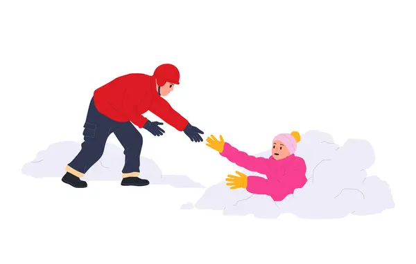 Winter Rescuer Man Saving Life Young Woman Covered Snow Avalanche — Stock Vector