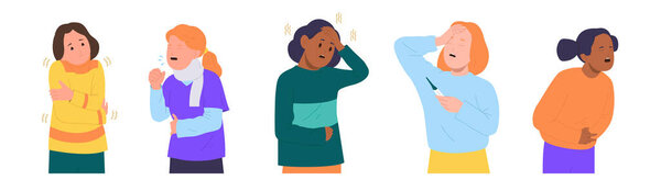 Little girl child cartoon characters with sickness symptom suffering from different kind of pain, high body temperature, stomach or head ache, cold weather condition or chills vector illustration